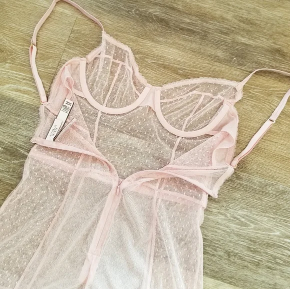 Victoria's Secret Very Sexy Pink Sheer Mesh Lace Garter Lingerie Dress NWT - Picture 4 of 12